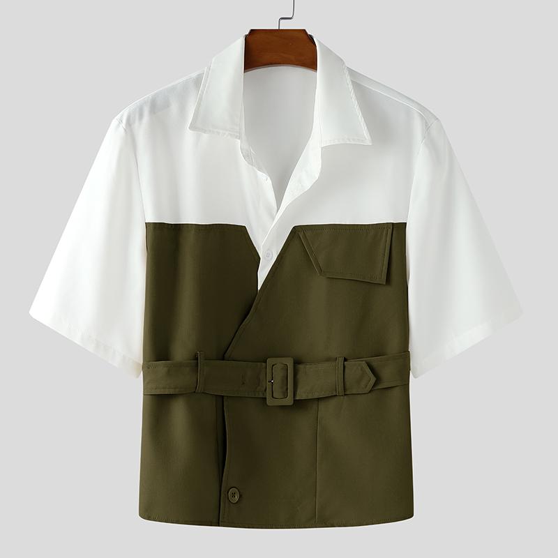 

INCERUN Мужские рубашки оверсайз с лацканами, с короткими рукавами, со строчкой, повседневные, свободные, короткие XL