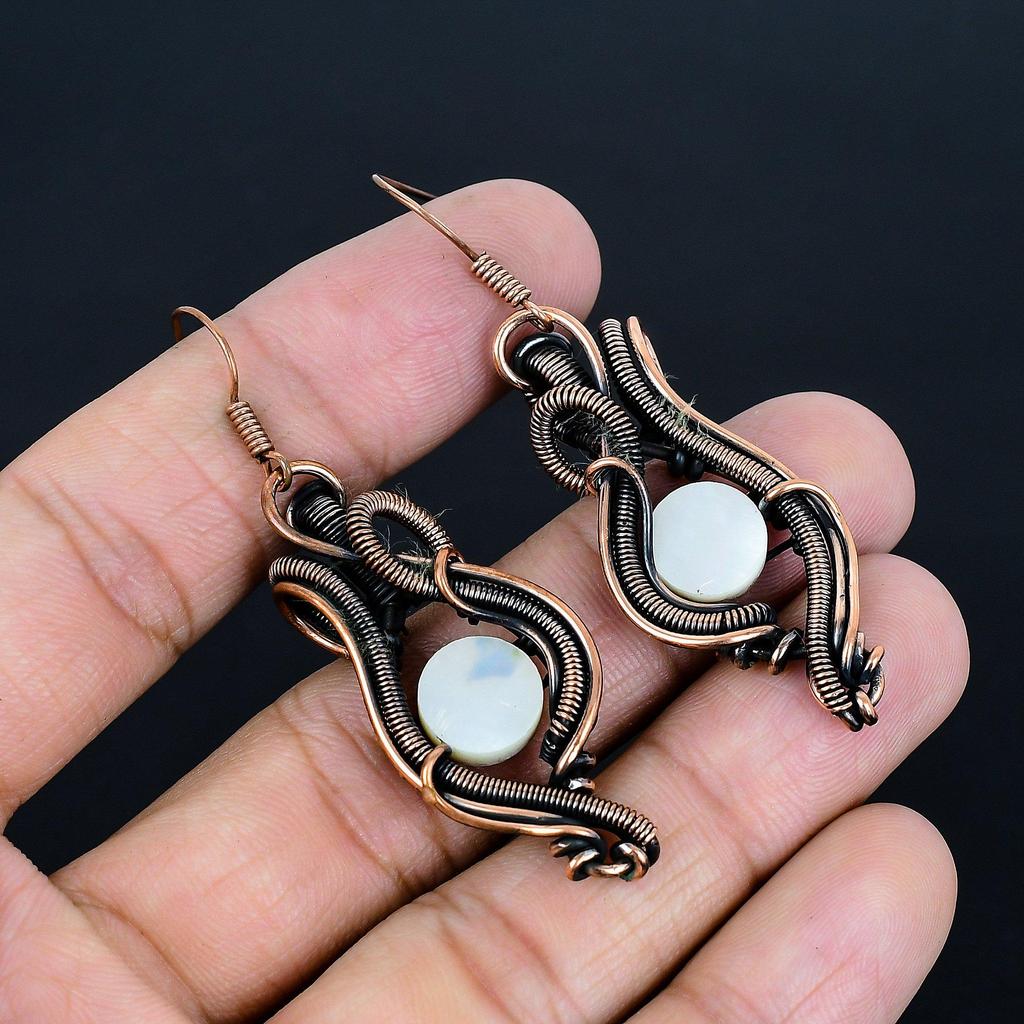 Mother Of Pearl Earrings, 999 Copper Wire Wrap Earrings Handmade Gemstone Jewelry, Gifts For Wife Brand New Earrings