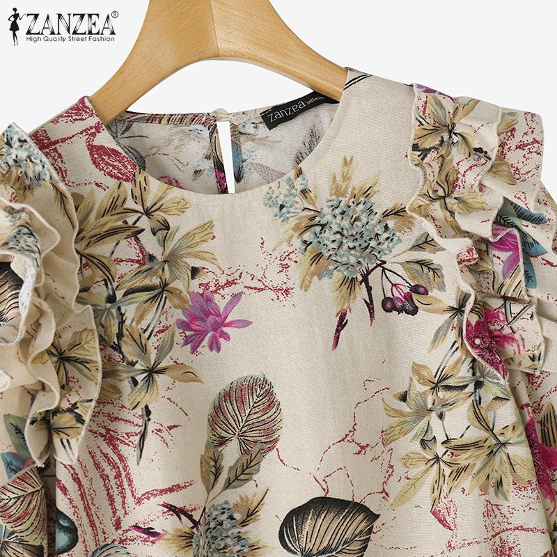 ZANZEA Women Summer Round Neck Casual Short Sleeve Floral Blouse
