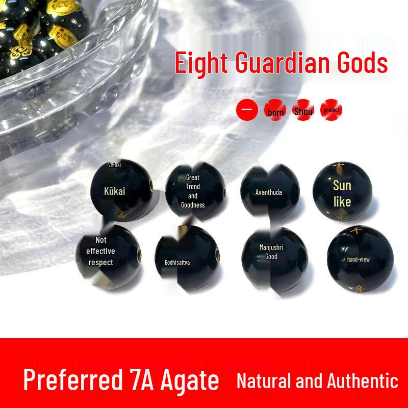 Black Agate Eight Guardian Deities Carved Beads - Birth Year Protector DIY Accessories 8mm, 10 each (Total 80)