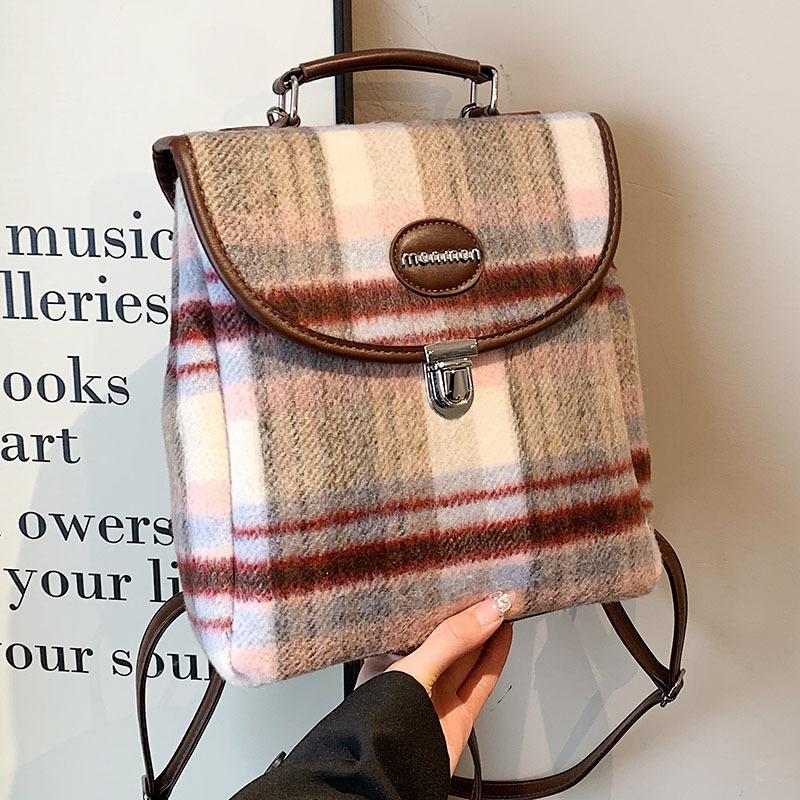 Wucifang Bags Women's Burgundy Large Capacity Bag New Versatile Backpack Handbag Plaid Fashion Small Backpack