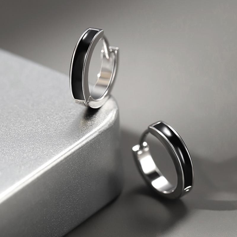 Męskie Czarne Srebrne Minimalistyczne Kolczyki Koła - Modne Europejskie i Amerykańskie Sztyfty Cyrkularne