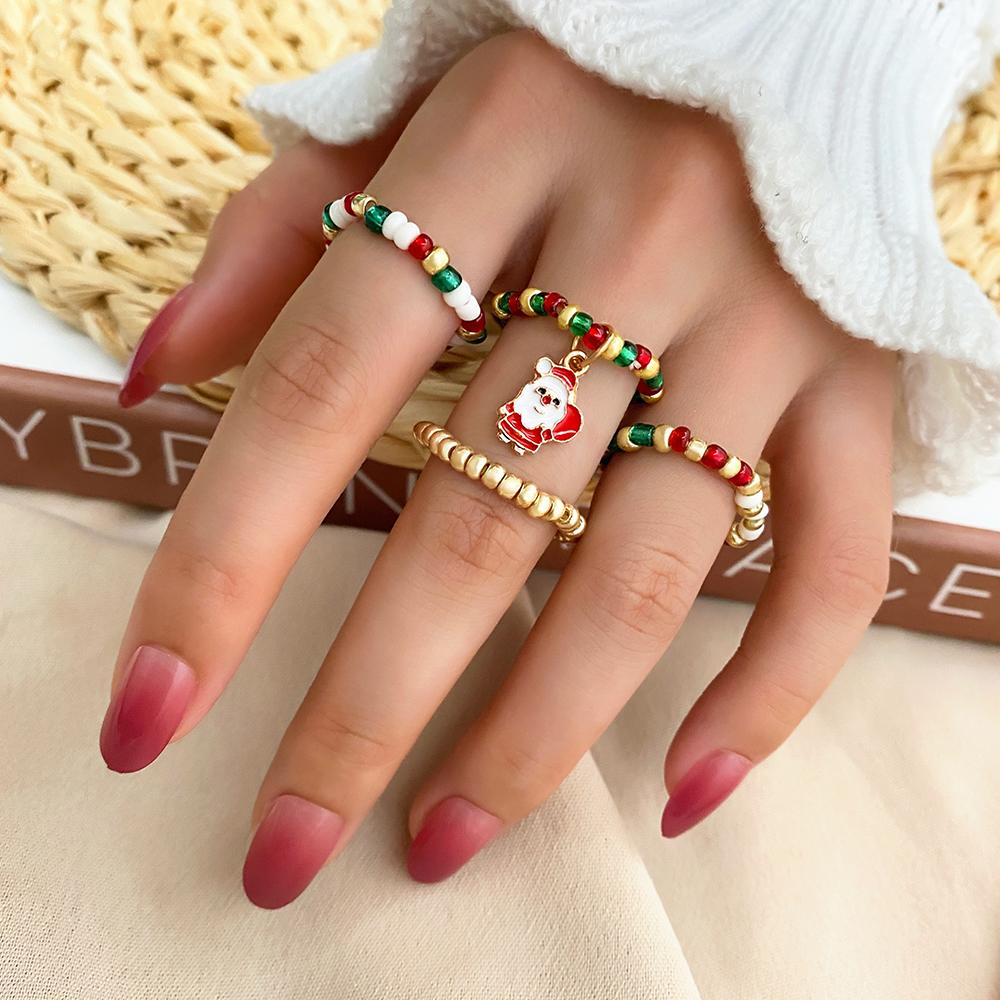 2023 New Christmas Tree Ring Colorful Luxury Santa Claus Ring Christmas Girl 4 Piece Ring Set Gift Elk Donut Pendant Fashion Exquisite Stretch Ring