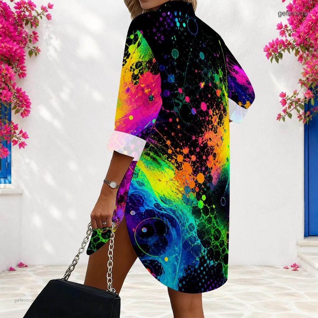 Women Plus Size Collared Long Sleeve Button Front Colorful Splash Printed Curved Hem Shirt Dress