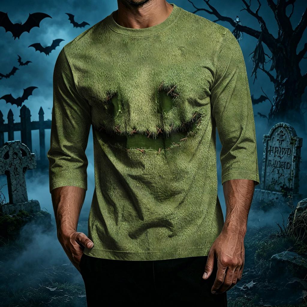 Men's Casual Halloween Print Patchwork Crew Neck T Shirt Three Quarter Sleeve Top Comfortable Fit Lightweight Fabric