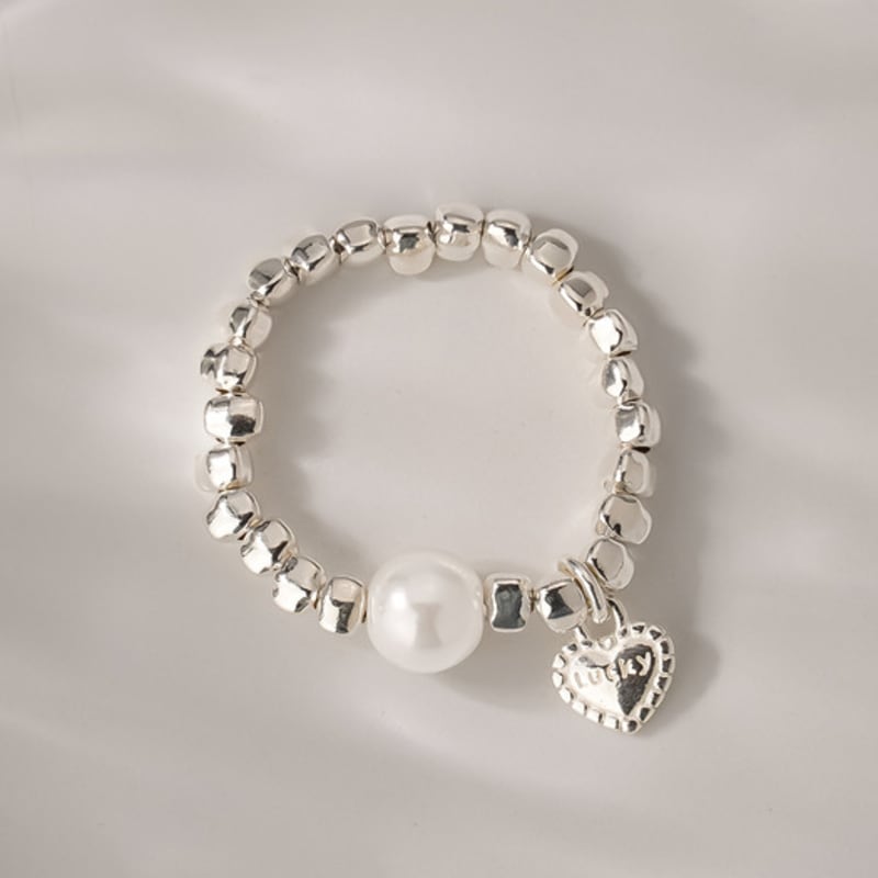JEWNEL Silver925 Freya Ball Pearl Drop Heart Charm Elastic Free Silver Ring