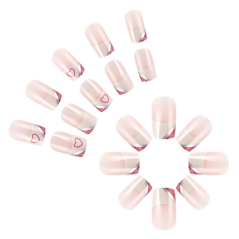 24 Pcs Short Square False Nail with Heart Artificial Nail Valentines Day Press On Nail French Tip Stick on Nail