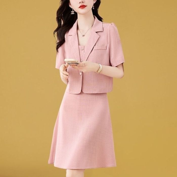 Деловой костюм для поездок на работу, костюм для светских выходов, женский летний костюм, юбка на бретельках, комплект из двух предметов M розовый
