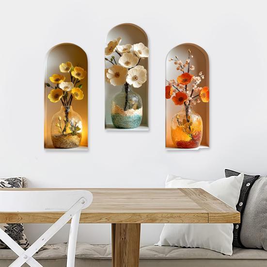 3 Pcs 3D Flower Vase Wall Stickers Faux Flower Wall Art Self-Adhesive Floral Blossom Wall Decals for Bedroom Living Room