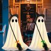 Yard Ghost Ornament Halloween Light-Up Decoration, Spooky Witch Hat with LED Decorative Wizard Light, Broom Decor for Outdoor Lawn Porch Holiday Party