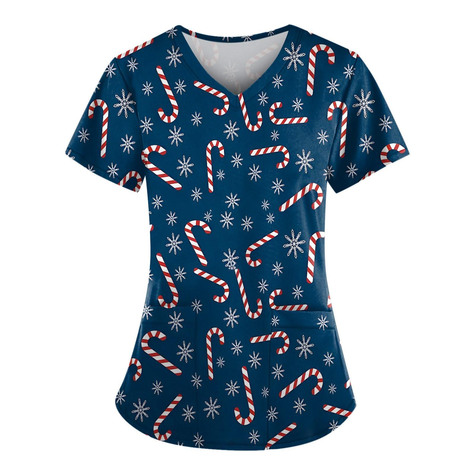 

Робоча уніформа з принтом для великих розмірів, жіночі футболки з V-подібним вирізом і короткими рукавами, веселі футболки, робочий одяг, футболки з кишенями L Темно-синій