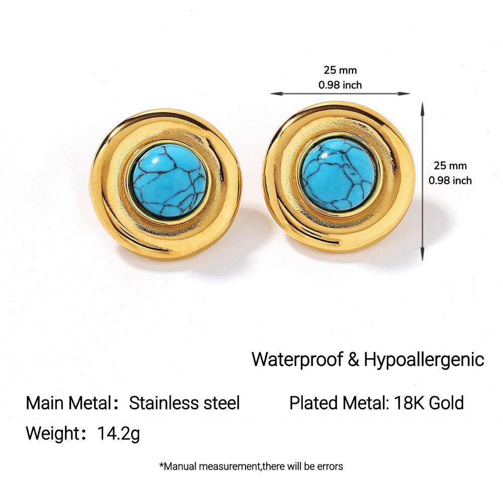 Ying Tai Turquoise Inlaid Stainless and Titanium Steel Stud Earrings, High Polish, Non-Fading, Vacuum Plated 18k Gold.