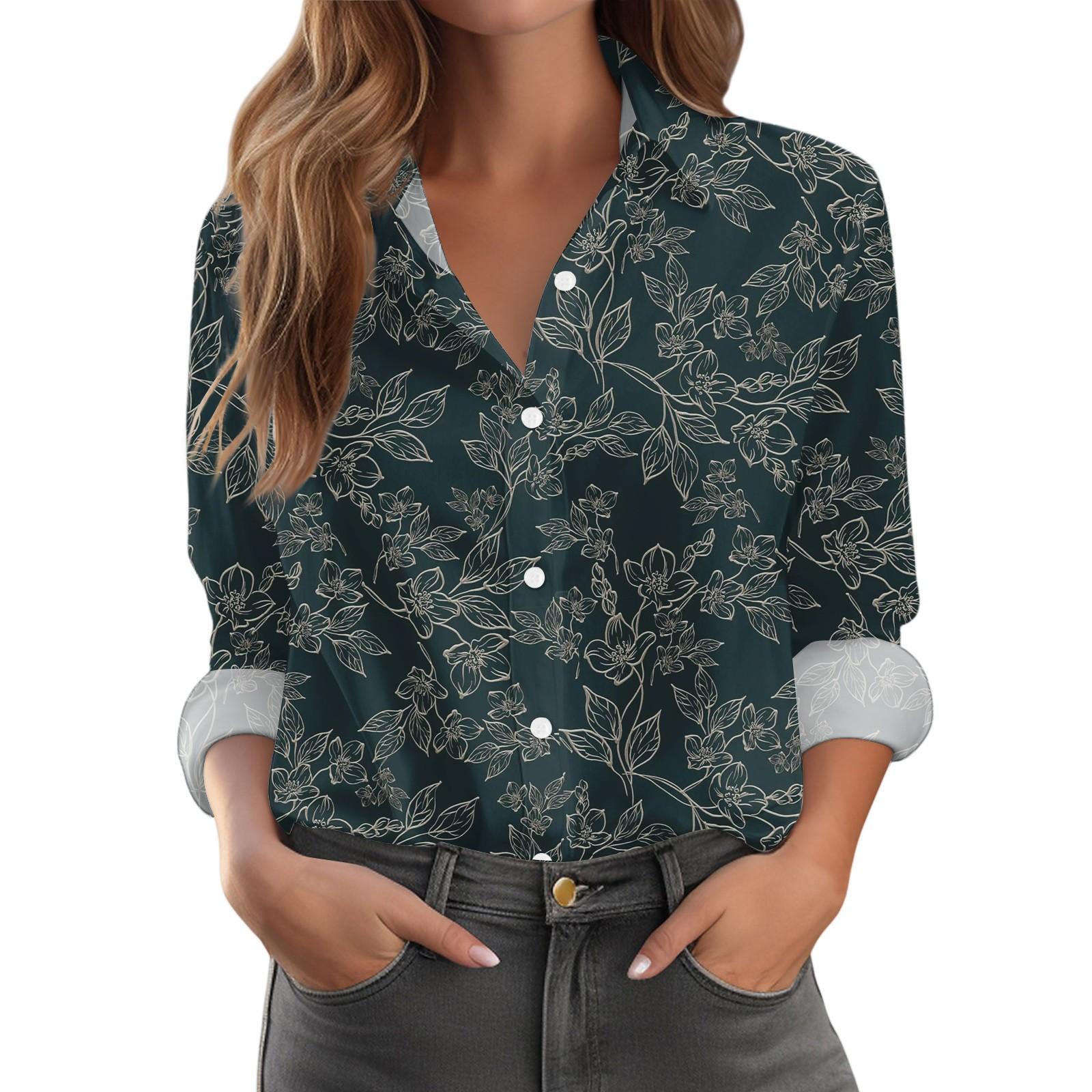 

Женская рубашка с пуговицами с цветочным принтом, повседневная рубашка с длинными рукавами, блузки, повседневные базовые топы больших размеров M чёрный