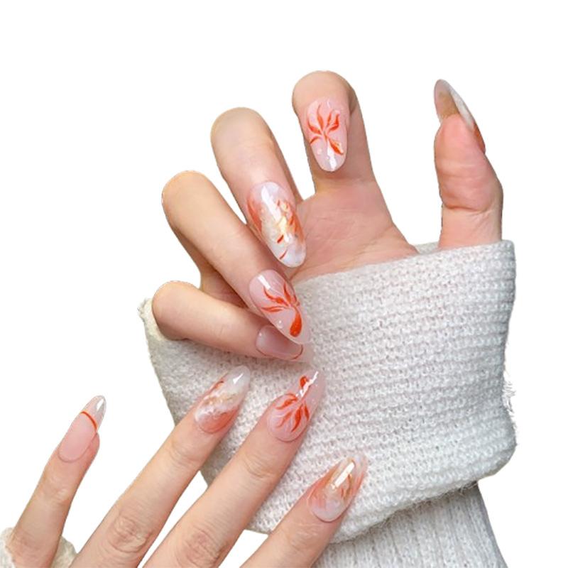 Women Mid‑Long Press‑On Nails Pure‑Handmade Boutique Gold‑Carp Transfer‑Print Lucky‑Vibe False Nail Patches