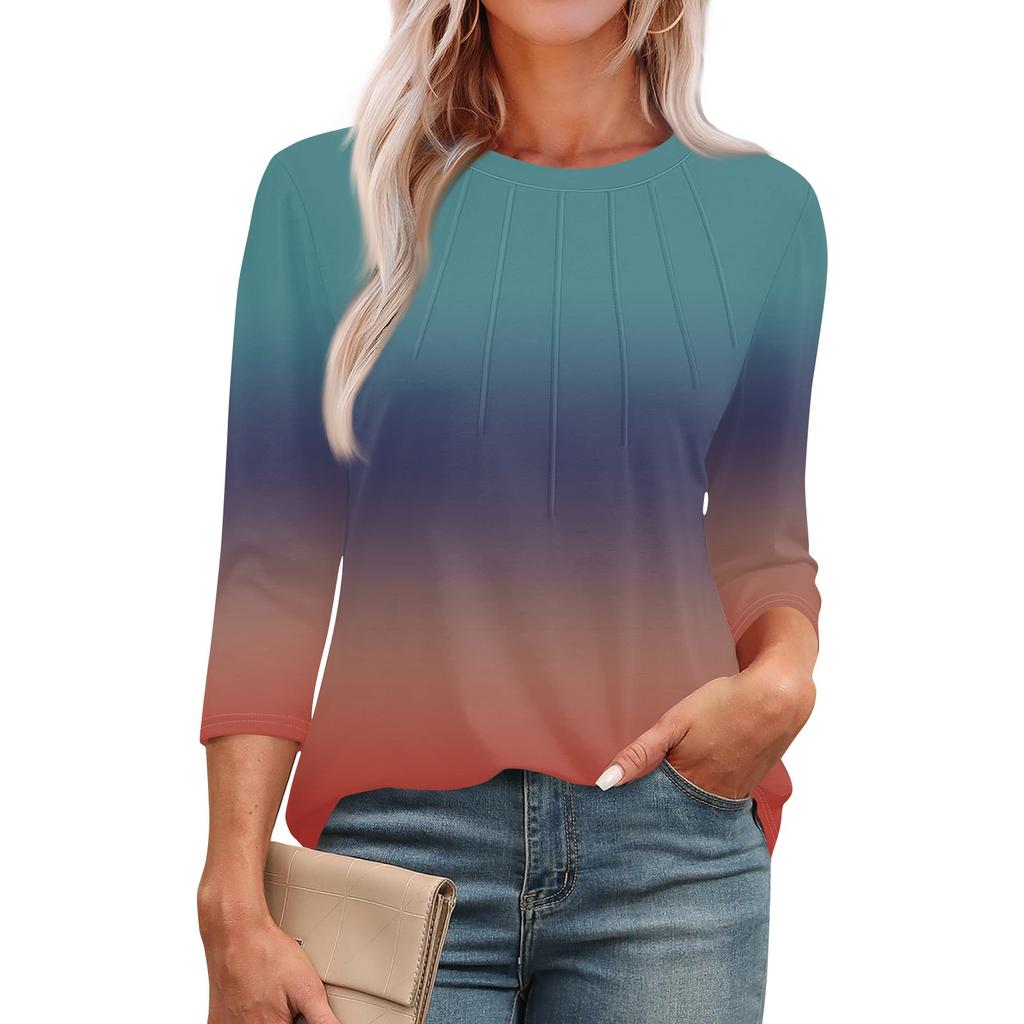Omen's Modisches Rundhals 3/4-Ärmel Bedrucktes Lässiges Basic Plissiertes Pullover T-Shirt Top