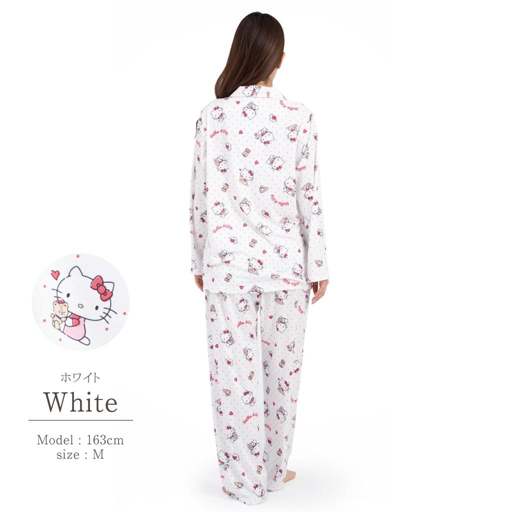 SAZAC Hello Kitty Shirt Powder Long Sleeve and Pants Dot Hello Kitty Design Pajamas, Stretch, Women's, Set, Loungewear, (White/M/SAN1786)