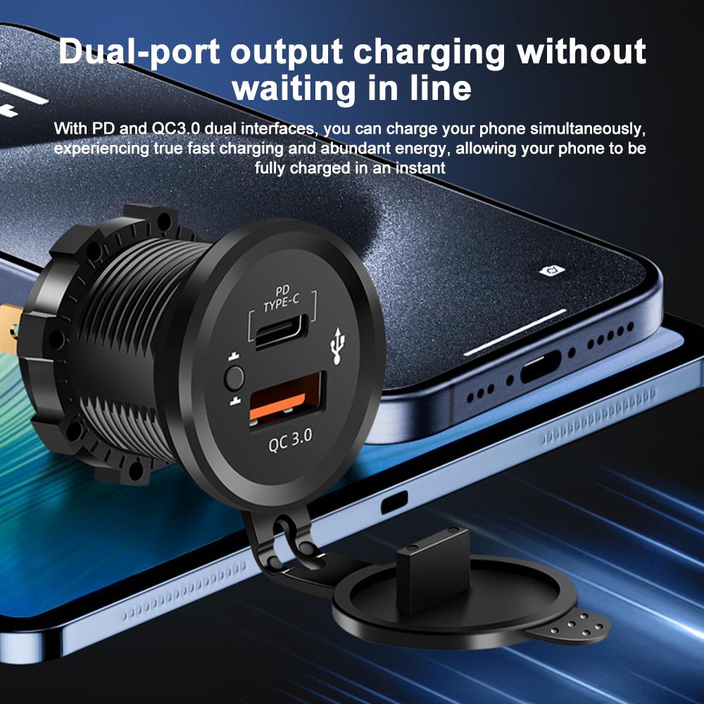 Dual USB Ports Outlet 12/24V with Button Switch 40W QC3.0 & PD3.0 USB-C Car Charger Socket for RV Motorcycle Marine Truck