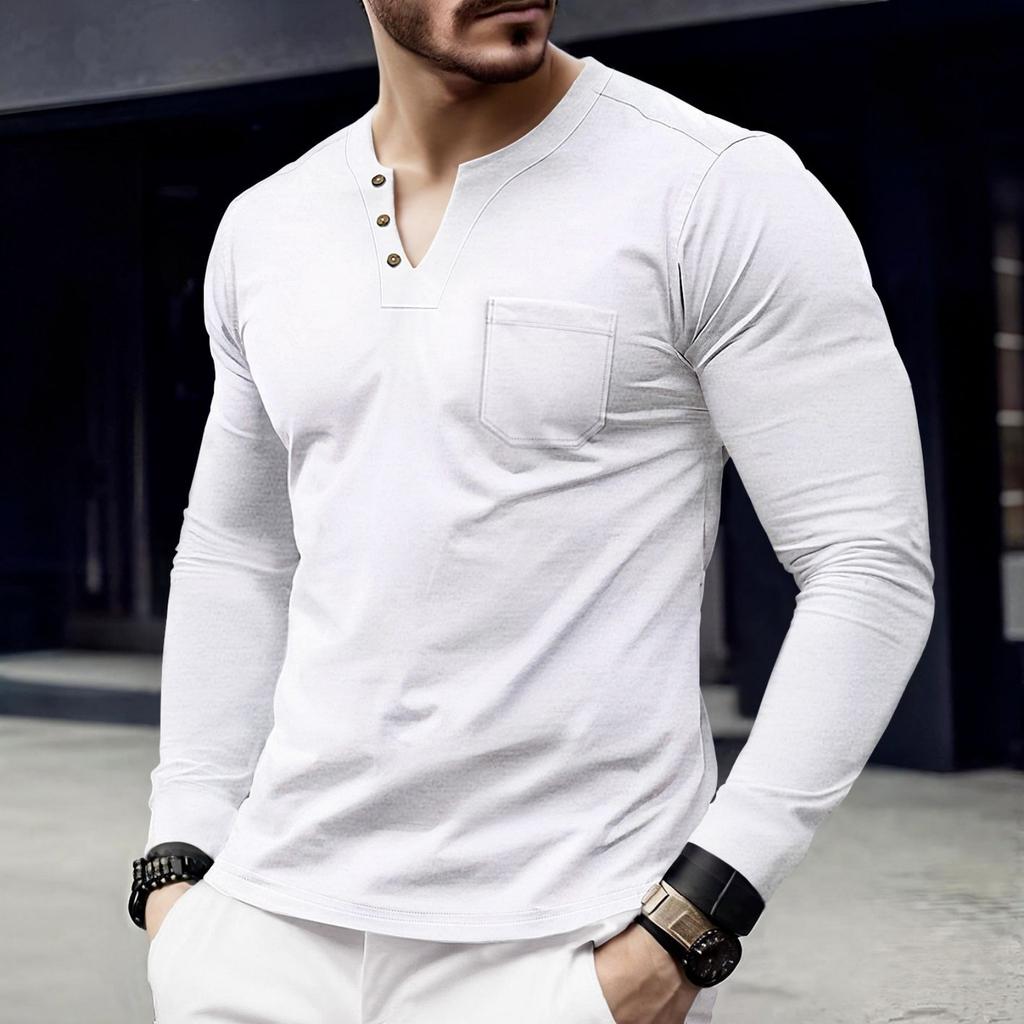 Men's Casual ,color Top, Men's Long,sleeved Button Pocket V,neck Top