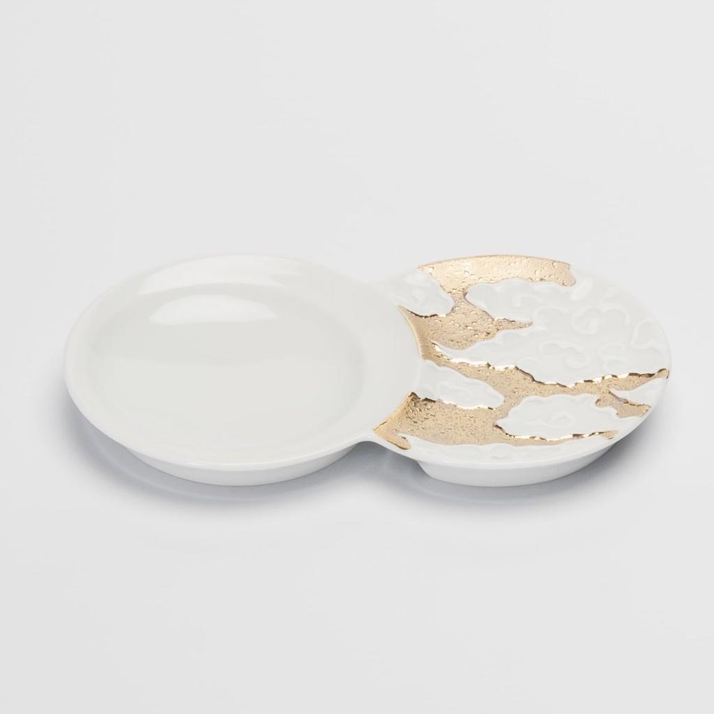 Hasami Ware Juzan Kiln Porcelain Mamezara Mini Soy Sauce Plate Cloud and Gold Design 14x8cm Kyoritsu Toki Made in Japan