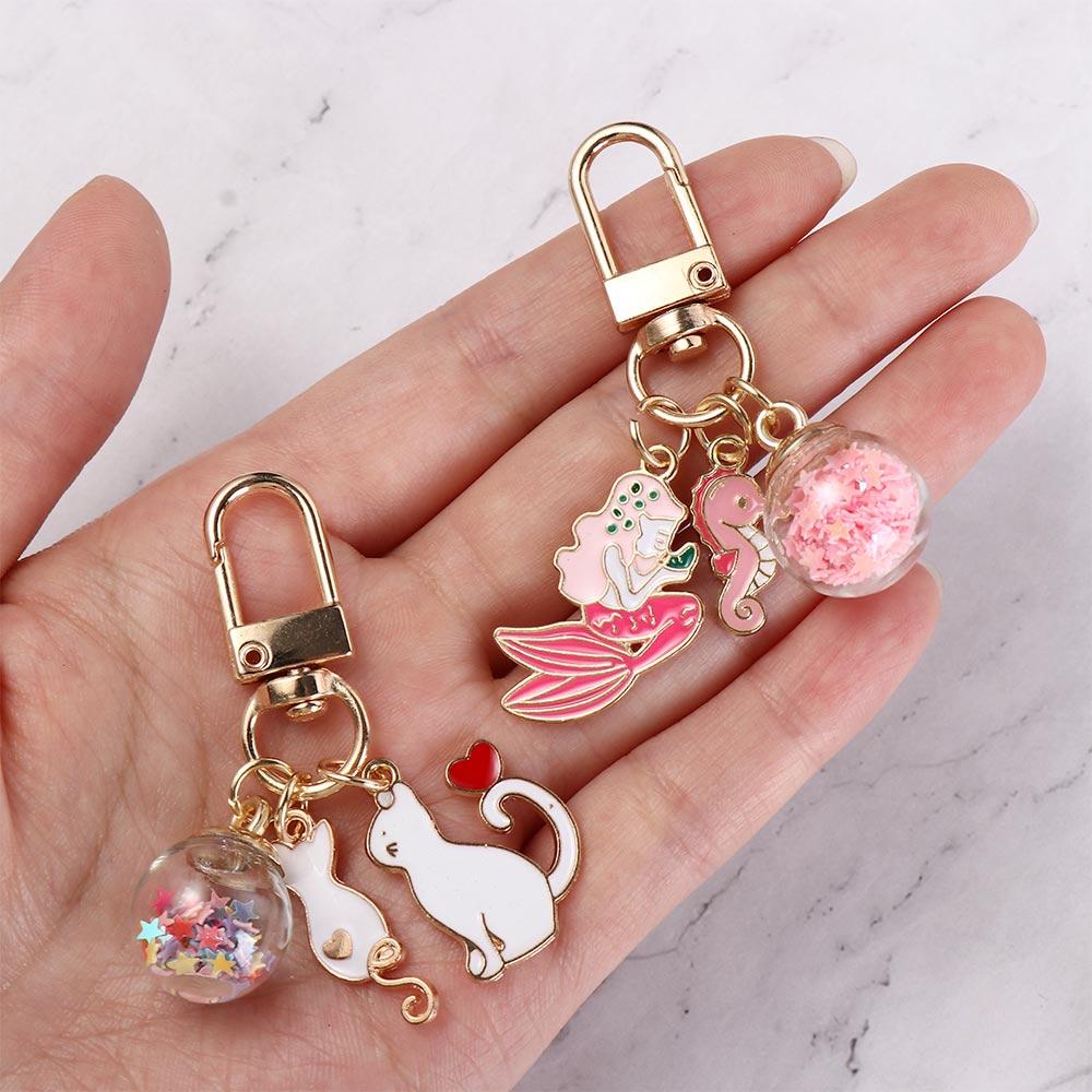 Cartoon Enamel Shark Jellyfish Mermaid Keychain Cat Glass Beads Ball Key Ring For School Bag Accessories Headphone Cover Gifts