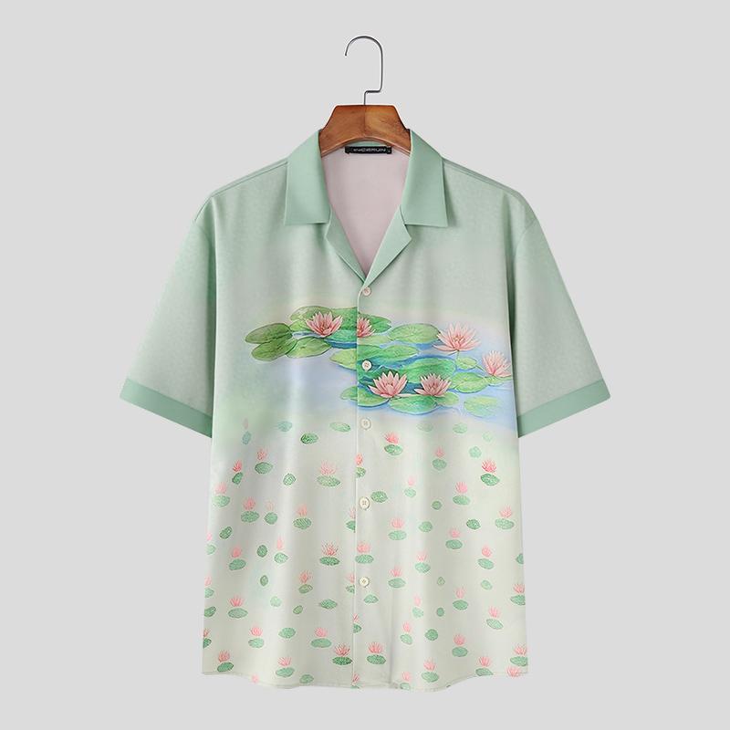 

INCERUN Oversized Men Casual Loose Short Sleeve Floral Print Shirts Tops S зелёный