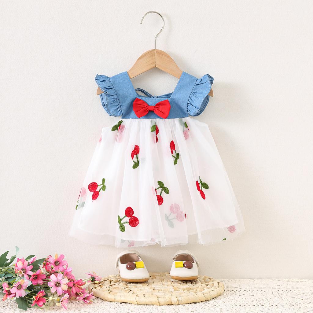 Baby Mädchenkleid Sommer Kirsch-Netz Mädchenkleid Süßes Strand-Babykleid Baby Mädchen Kleidung