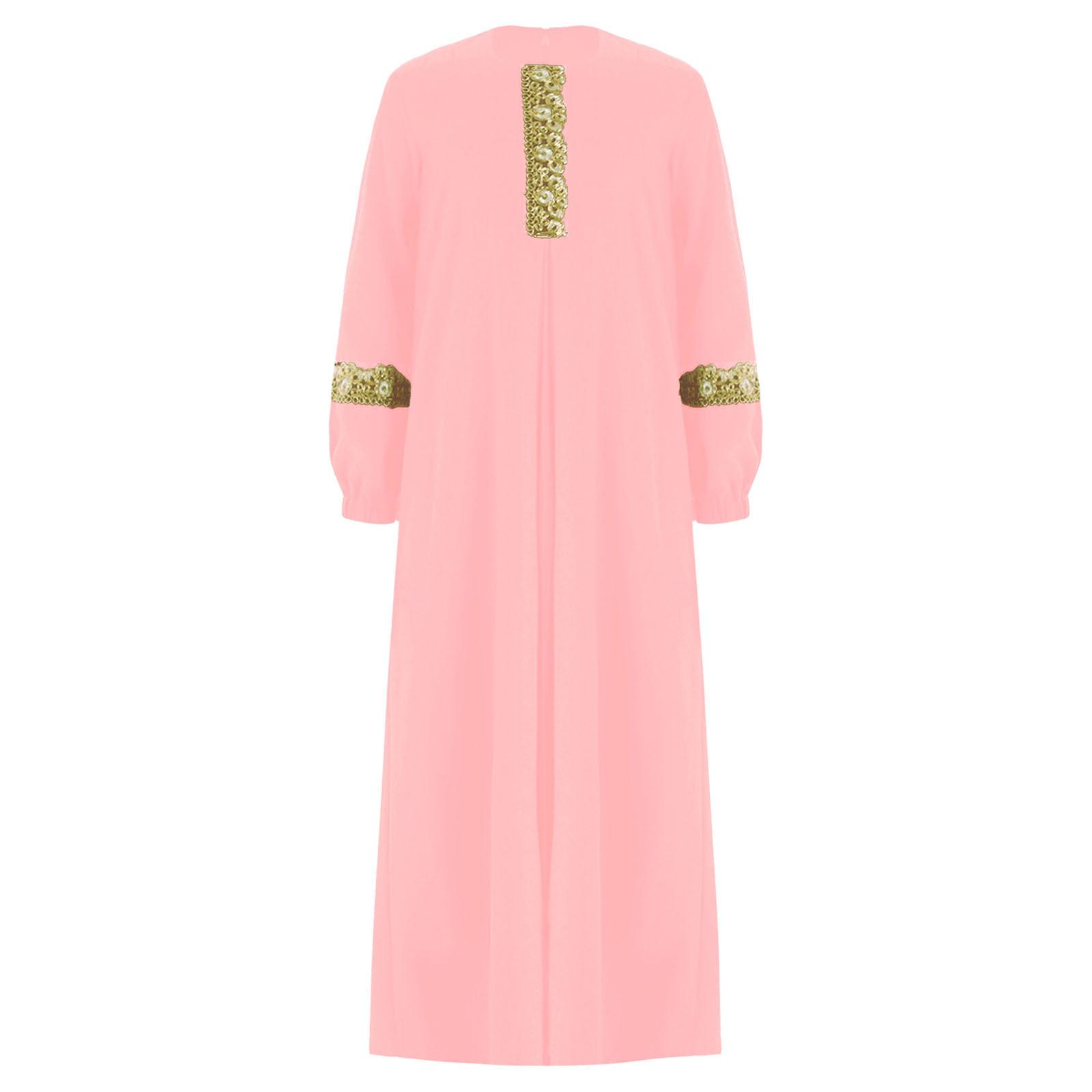 

Girls Muslim Dress Abaya Round Neck Long Sleeve Maxi Length Ramadan Party Costume 5-6 Years рожевий