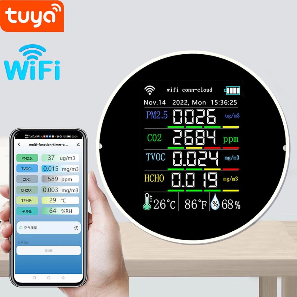 Tuya Wifi Portable Air Quality Meter 7in1 PM2.5 CO2 TVOC HCHO AQI Temperature Humidity Tester Color