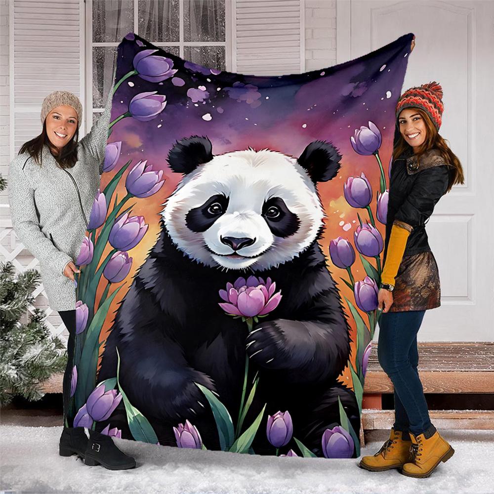 1pc Panda Flower Throw Blanket Polyester Fiber, Lightweight Flannel, Soft & Warm, All Season Use for Outdoor, Camping Digital Print