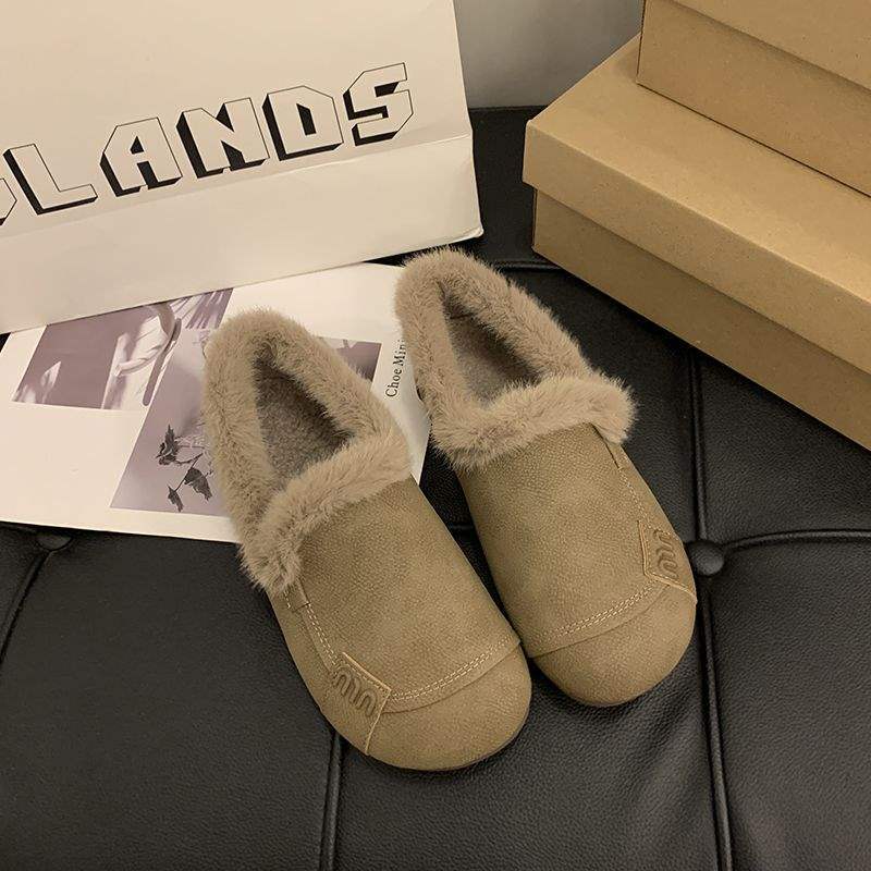 Winter new lamb wool velvet beanie shoes women's beef tendon soft sole soft surface one pedal warm women's snow cotton shoes