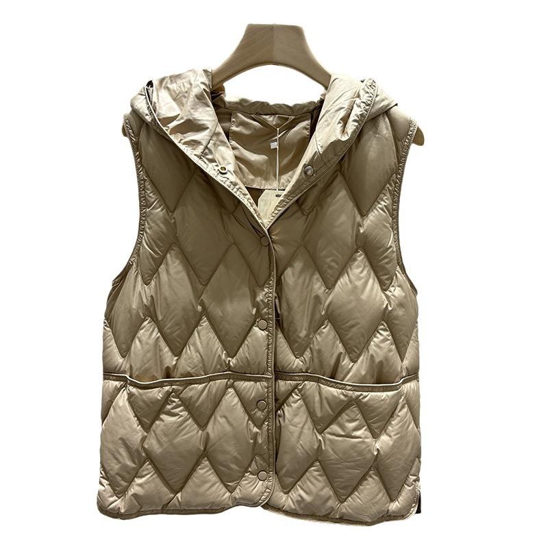 Autumn and winter new hooded short fashion down jacket women's V-shaped pressed line vest white duck down to keep warm in winter