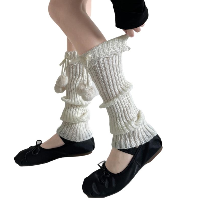 Fashionable Plush Balls Bows Adorned Leg Warmers with Lace Details for Women's Knitted Turn Cuffs Leg Covers Sleeves