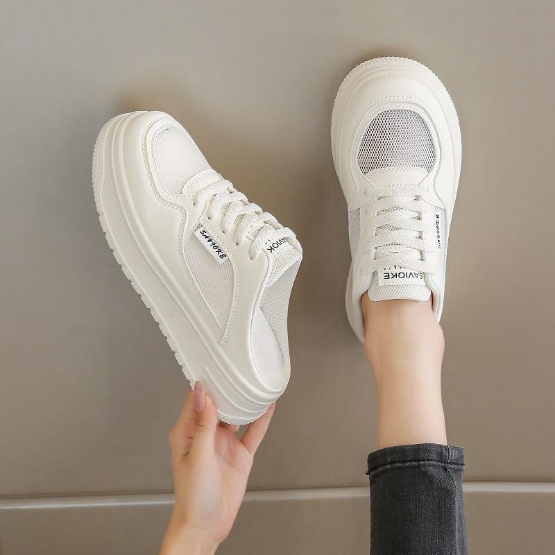 Mesh Bag Head Half Slippers Women's Outer Wear 2025 Summer New Flat Shoes Casual One-pedal Lazy Little White Shoes