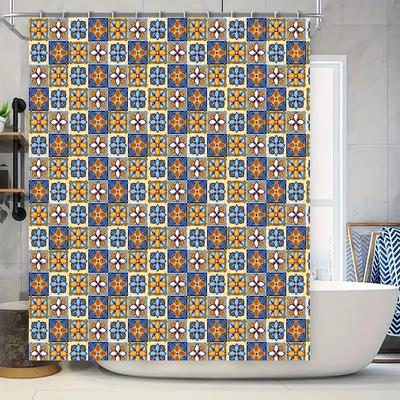 Blue Orange Flower Tile Shower Curtain Waterproof Bathroom Decor Print Home Decoration Customizable Size Available