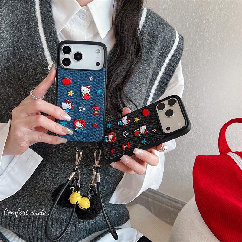Embroidered Denim Apple Headgear Cat iPhone 17/16 Pro Max/15/14 High-End Case