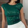 Women T-shirt Round Neck Short Sleeve Sequin Tops Backless Design Slim Fit Sexy Party Tops Daily Wear