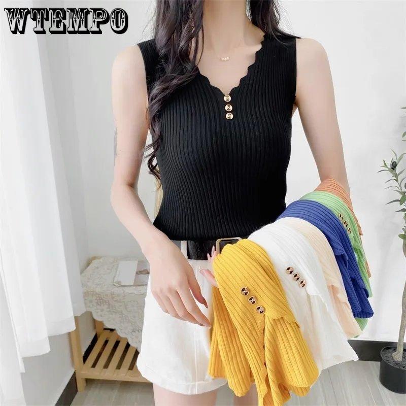 WTEMPO Ice Silk Solid Sport Camisole Women Slim Korean Casual V-Neck Vests Sleeveless Button Knitted Tank Tops