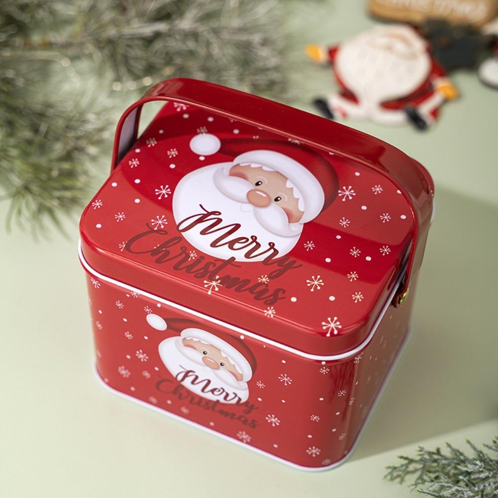 Cute Tinplate Christmas Tin Box Gift with Handle Gift Box Festival Ornaments Candy Jar