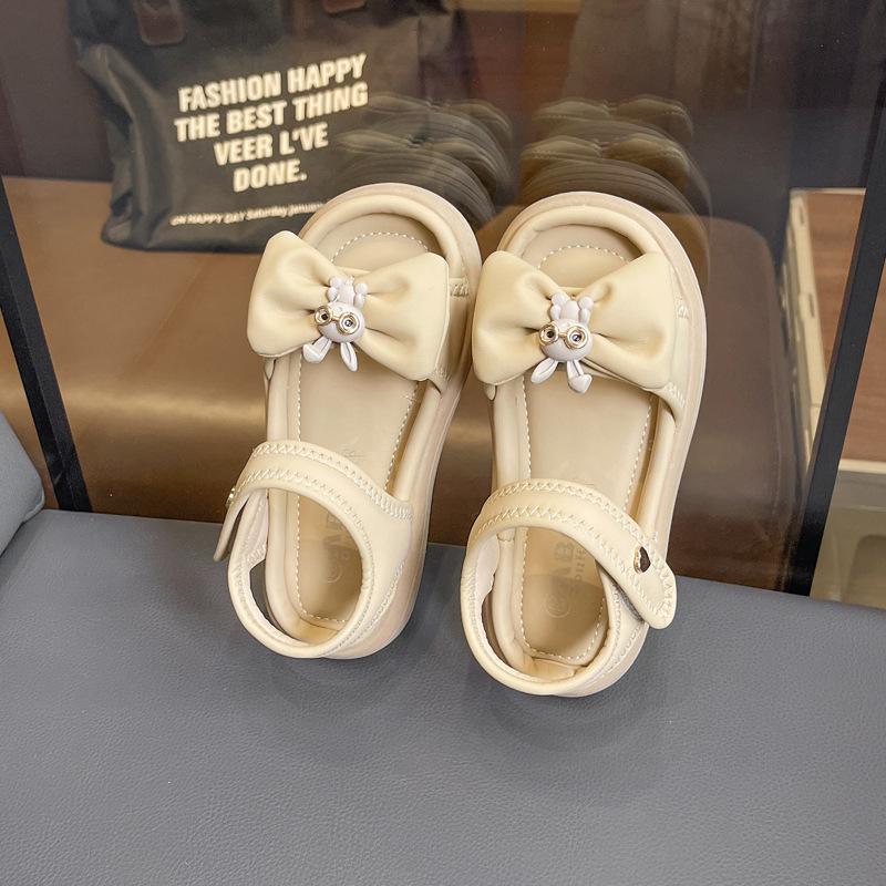 2024 New Children's Sandals Girl Solid Color Summer Princess Cute Rabbit Beach Sandals Fashion Bowtie Kids Causal School Sandals