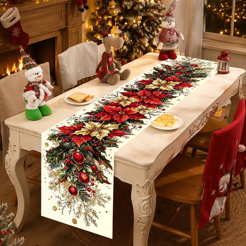 1pc Christmas Table Runner Retro Poinsettia Polyester Table Cover Christmas Decorations for Home 2026 New Year Party Supplies