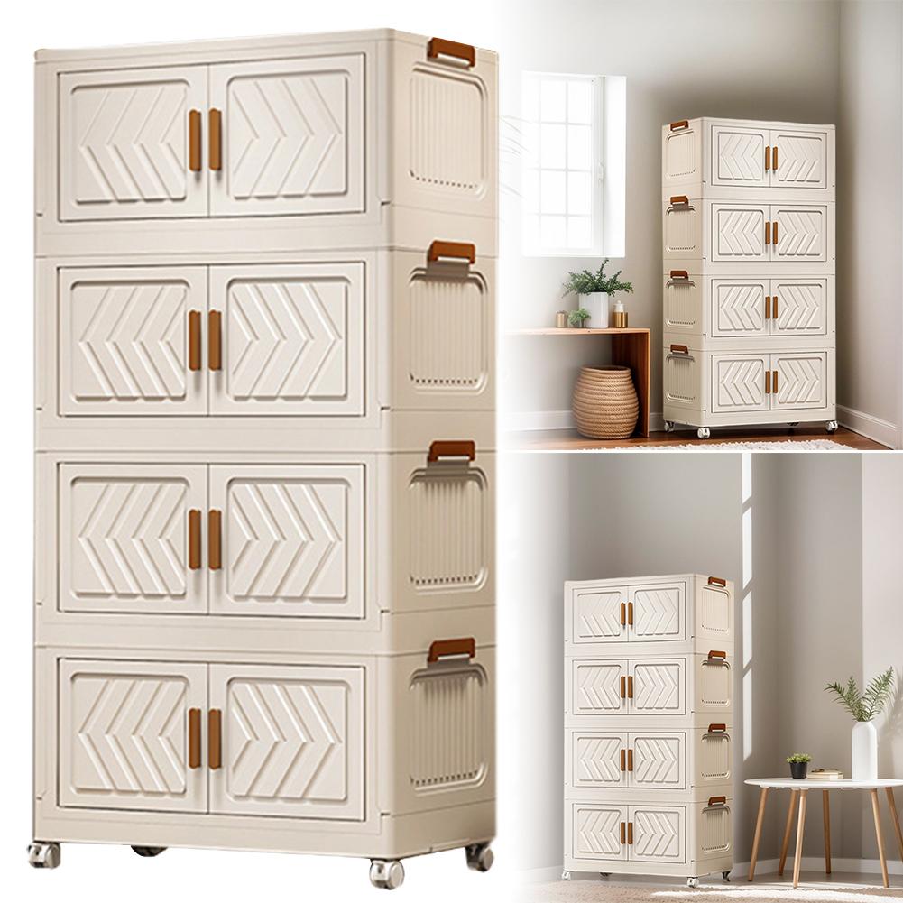 Containere de depozitare din plastic cu 4 niveluri, cu uși și roți, Cutii de depozitare pliabile, Dulap organizator, Raftă pentru casă, birou, cămin