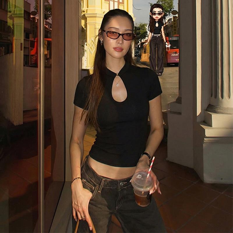 American Fashion Stand Collar Button Hollow Out T-shirt for Women 2026 Sexy Short Sleeve Slim Cropped T Shirts Black Wine Red Tops