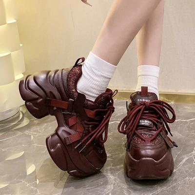 Mode Herbst Atmungsaktiv Dicke Sohle Freizeit Schuhe Neu 2025 Damen Klobige Leder-Sneaker 8CM Hohe Plateau Sportliche Dad-Schuhe Frühling