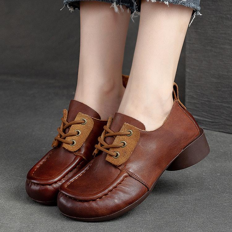 Johnature Genuine Leather Comfortable Women Pumps Retro Handmade Soft Sole Round Toe Versatile Low Heel Shoes