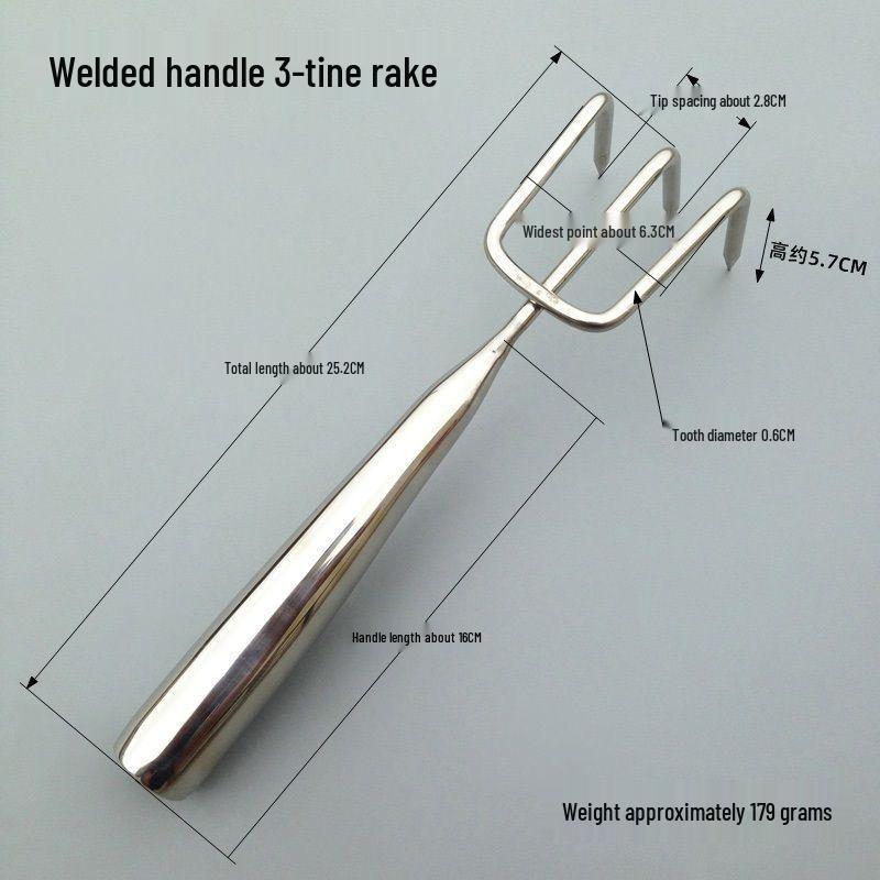

Stainless Steel Multi-Tine Garden Rake for Soil and Seafood, One-Piece Welded Handle.