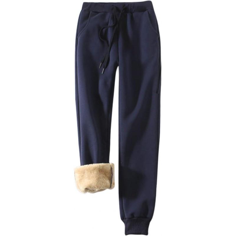Womens Fleece Lined Casual Pants High Waist Elastic Slim Fit Trousers