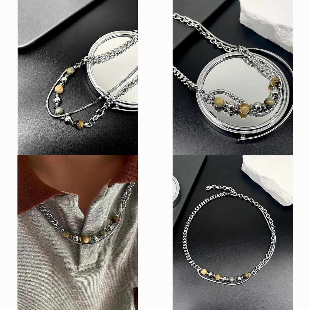 Geometric Stainless Steel Necklace With Natural Stone Beads For Unisex Fashion