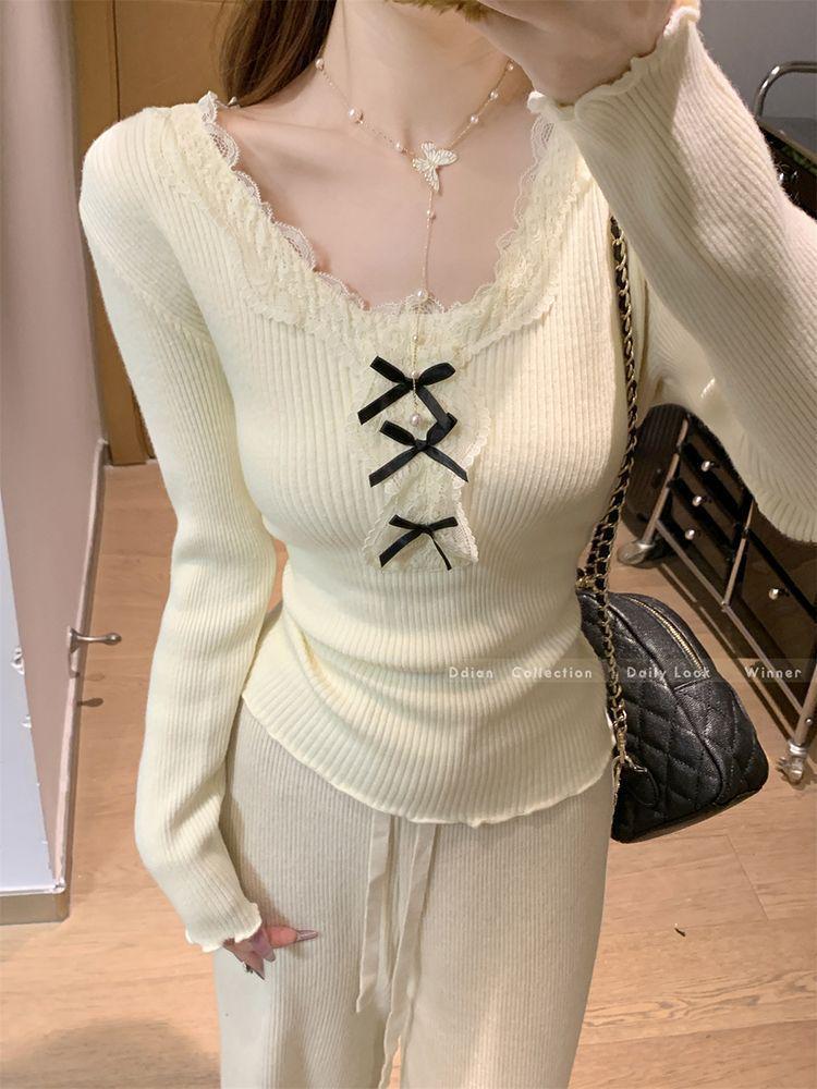 Korean Lace Patchwork Knitted Slim-fit Sweater for Women - 2025 Autumn/Winter Trendy Top
