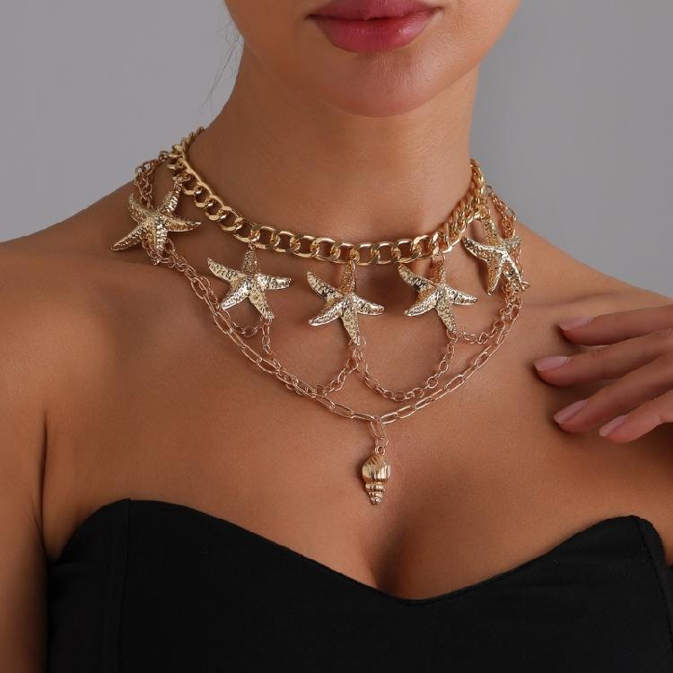 1 Set Adjustable Layering Necklace Starfish Conch Pendant Lightweight Clavicle Chain For Beach Party Summer Jewelry Gift