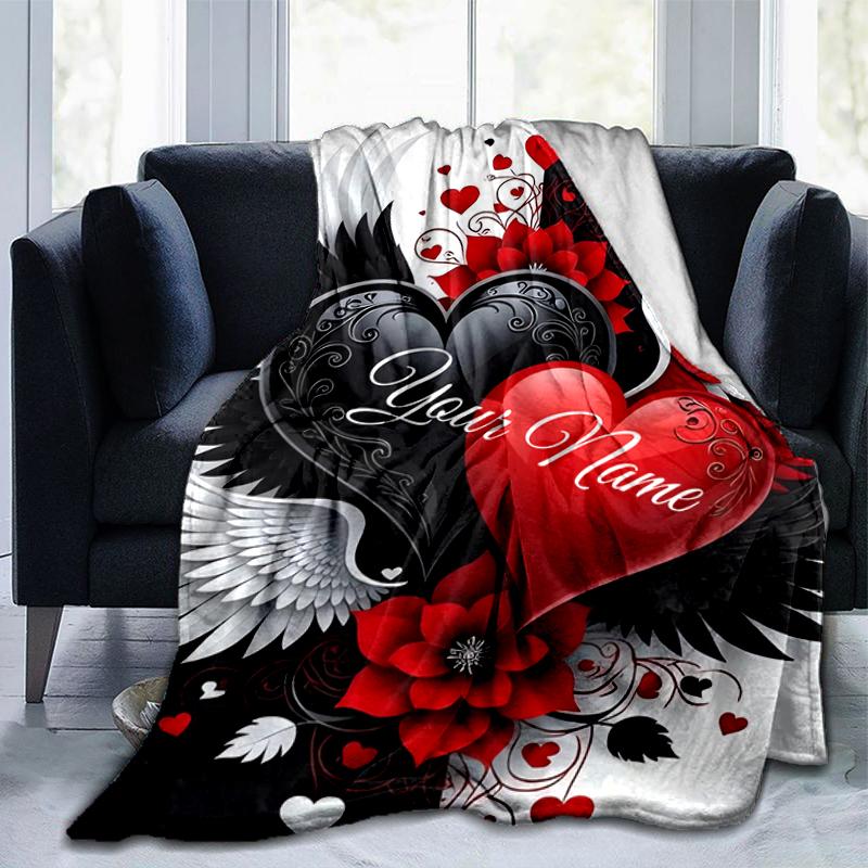 1PC Custom Name Love Wings Hearts Flannel blankets Patterns Throw Blanket All-Season Soft Gift for Couch, Bed, Camping gifts